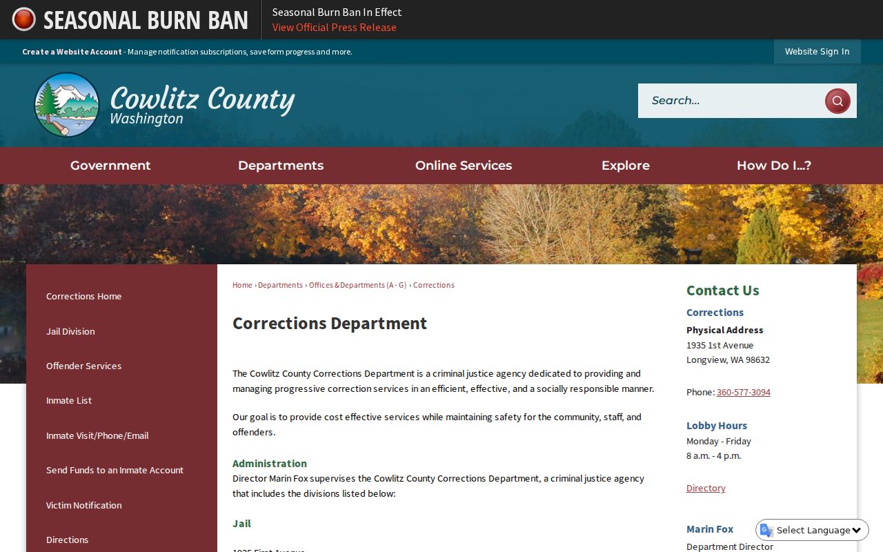 Cowlitz County arrest records Corrections department page
