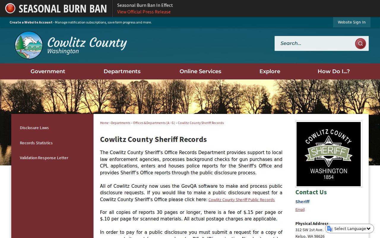 Cowlitz County arrest report Sheriff Records page