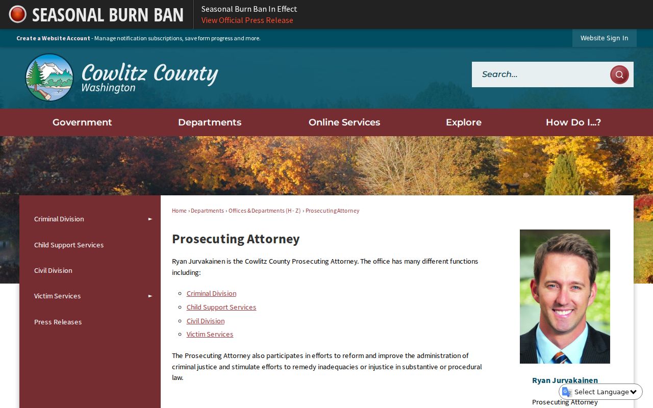 Cowlitz County Prosecuting Attorney office and Hall of Justice information