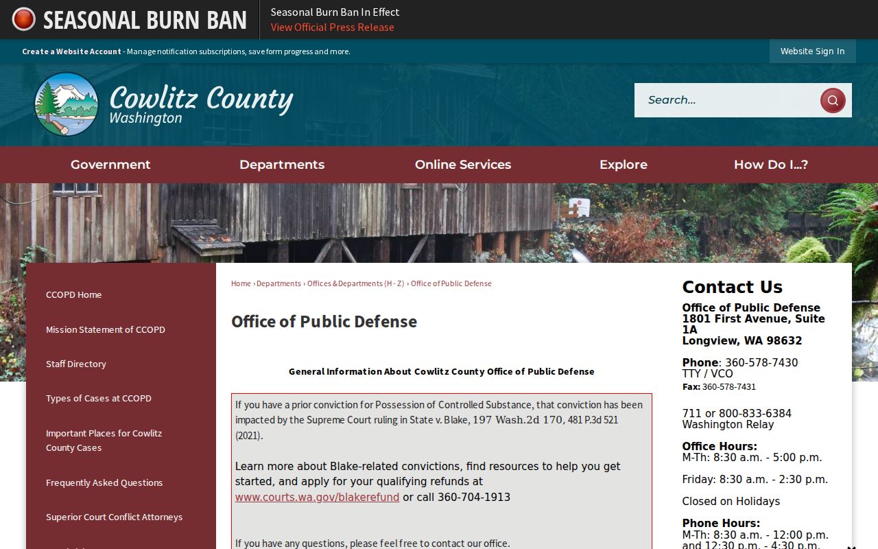 Cowlitz County Office of Public Defense information and Blake notice