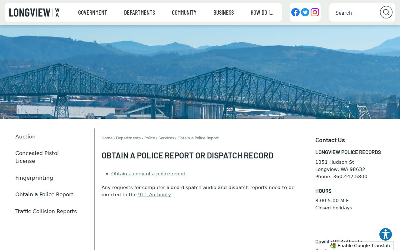 Longview Police report and dispatch record request instructions