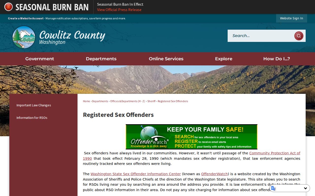 Cowlitz County sex offender search routing page