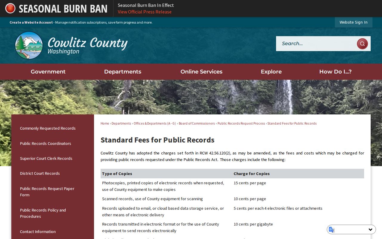 Cowlitz County criminal records public request fee schedule