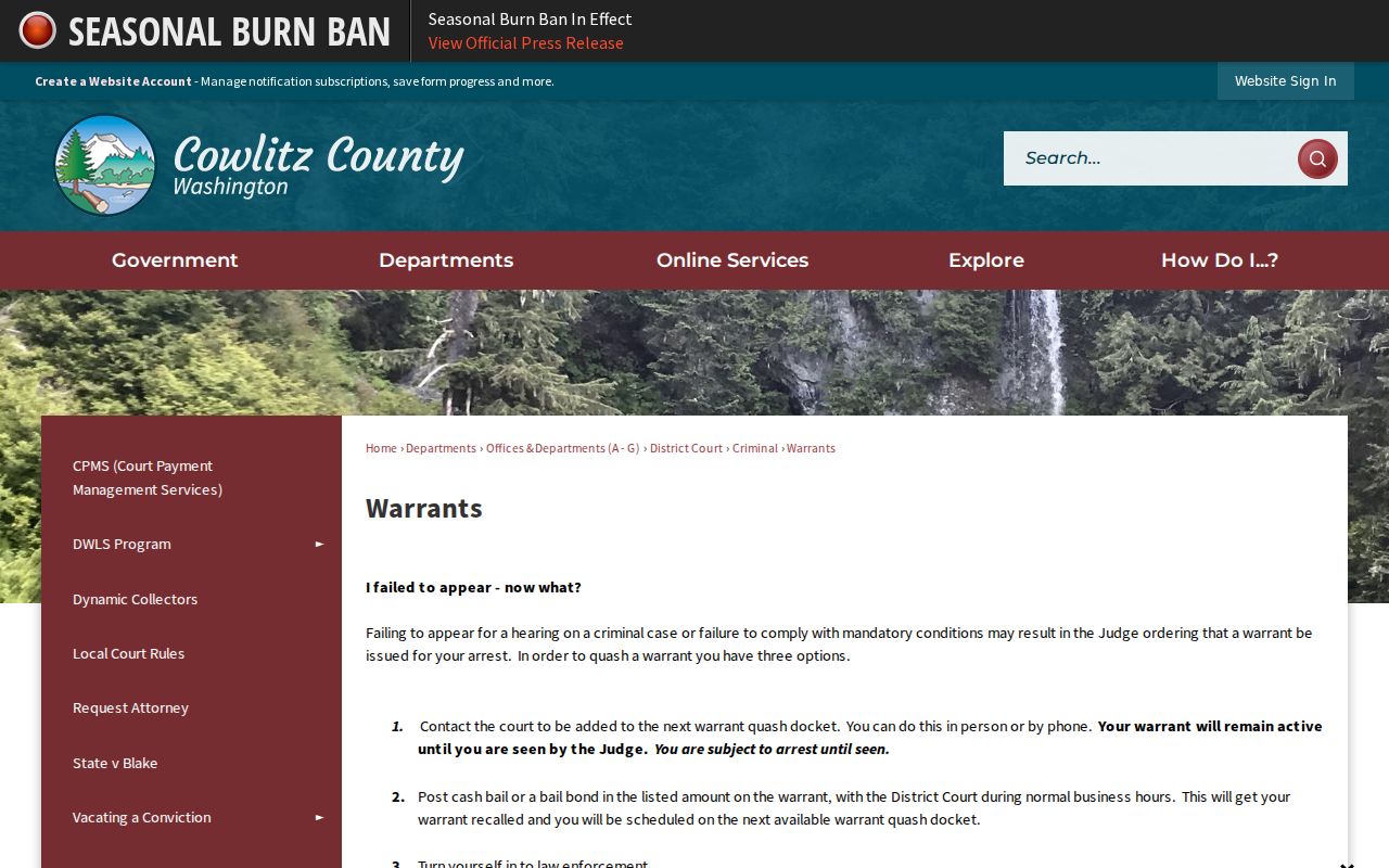 Cowlitz County criminal warrant record resolution options