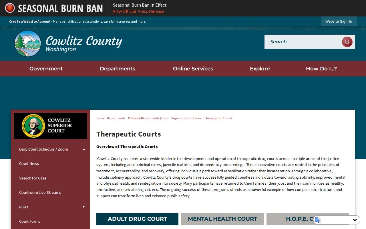 Cowlitz County criminal court records and therapeutic court programs